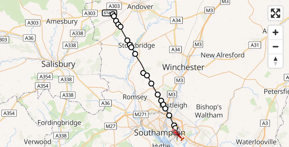 Flight path map showing Air Ambulance Helicopter route from Thruxton to Southampton