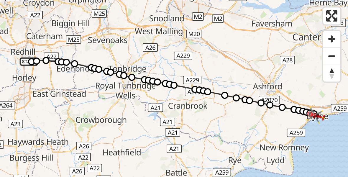 Flight path map showing Air Ambulance Helicopter route from Redhill Aerodrome to Hythe