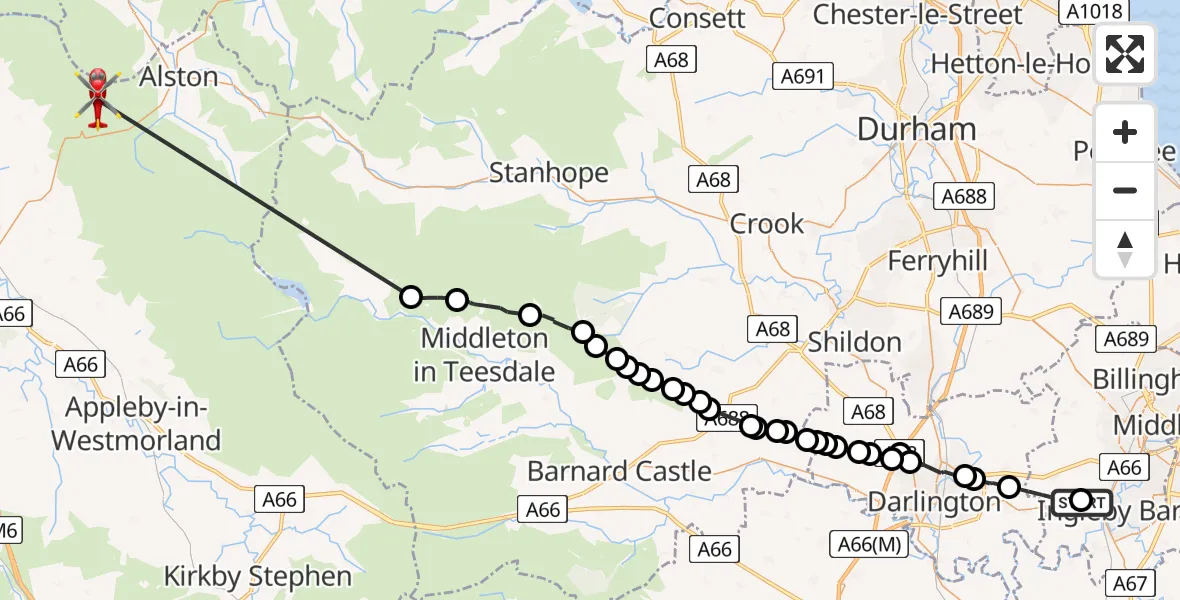 Flight path map showing Air Ambulance Helicopter route from Egglescliffe to The Dod