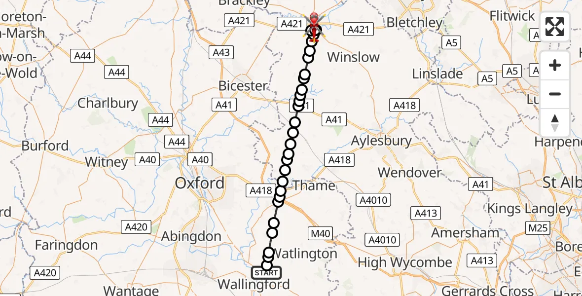 Flight path map showing Air Ambulance Helicopter route from RAF Benson to Buckingham