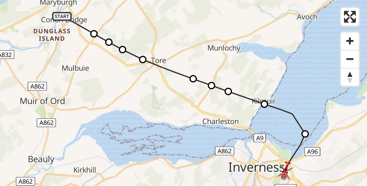 Flight path map showing Air Ambulance Helicopter route from Conon Bridge to Inverness
