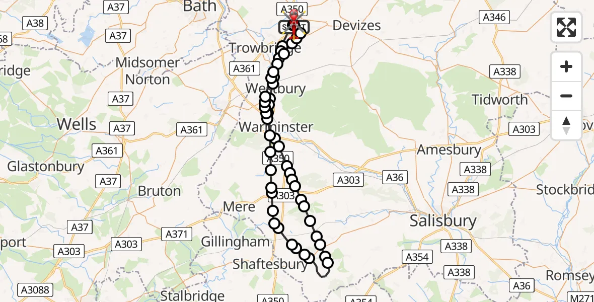 Flight path map showing Air Ambulance Helicopter route from Wiltshire Air Ambulance to Wiltshire Air Ambulance