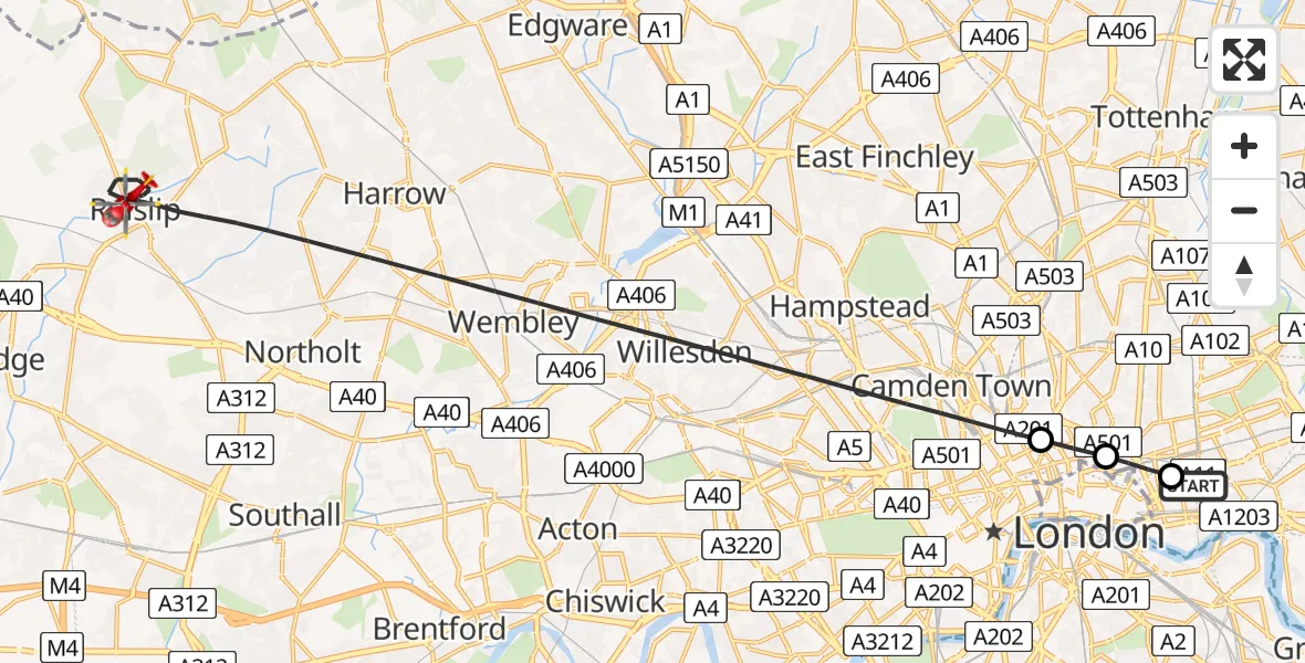 Flight path map showing Air Ambulance Helicopter route from Royal London Hospital to Greater London
