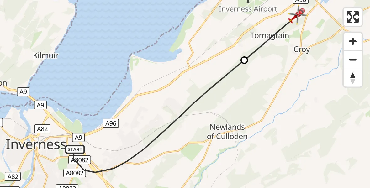 Flight path map showing Air Ambulance Helicopter route from Inverness to Tornagrain