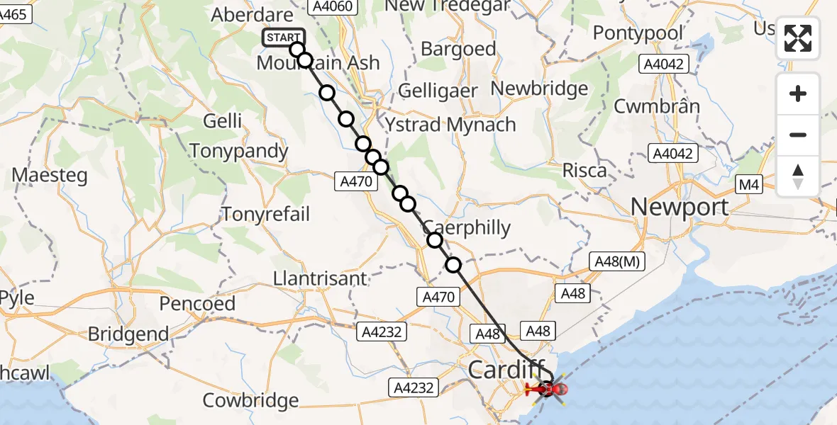 Flight path map showing Air Ambulance Helicopter route from Cwmbach to Cardiff Heliport