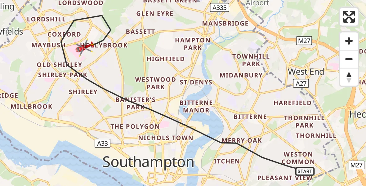 Flight path map showing Air Ambulance Helicopter route from Southampton to University Hospital Southampton