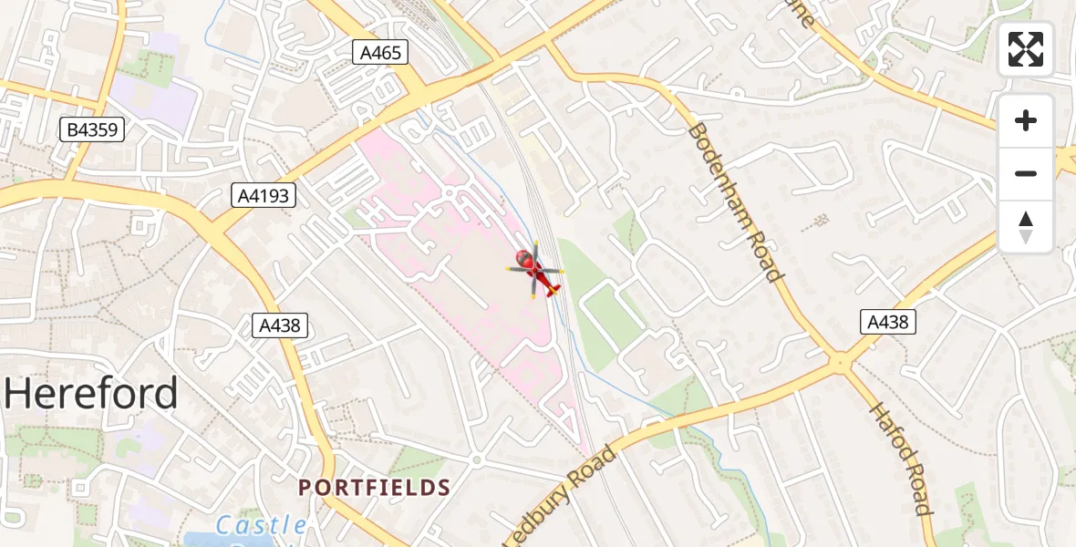 Flight path map showing Air Ambulance Helicopter route from Hereford County Hospital to Hereford County Hospital
