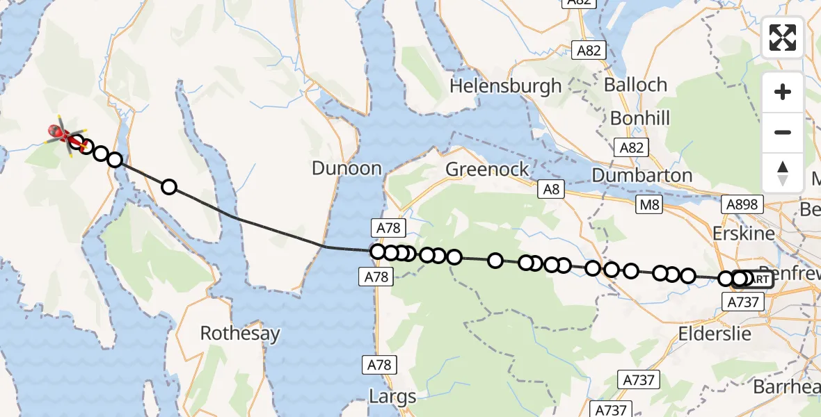 Flight path map showing Air Ambulance Helicopter route from Glasgow Airport to Inner Seas