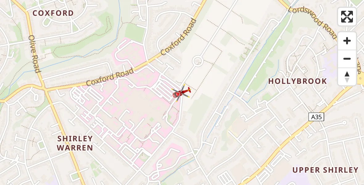 Flight path map showing Air Ambulance Helicopter route from University Hospital Southampton to University Hospital Southampton