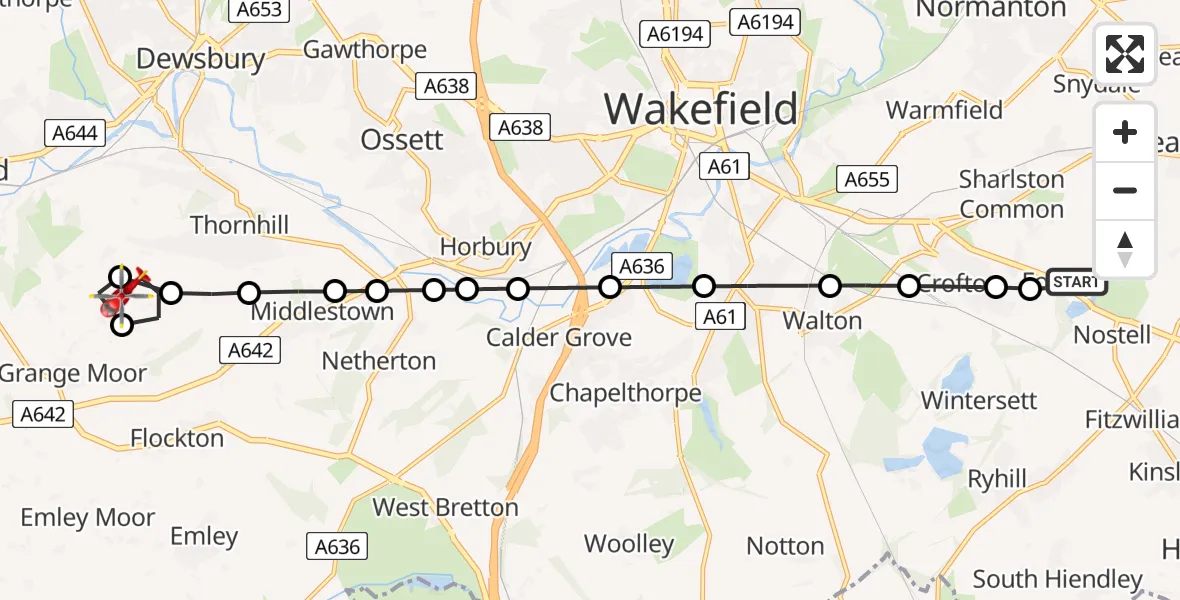 Flight path map showing Air Ambulance Helicopter route from YAA Nostell Helicopter Port to Kirkburton
