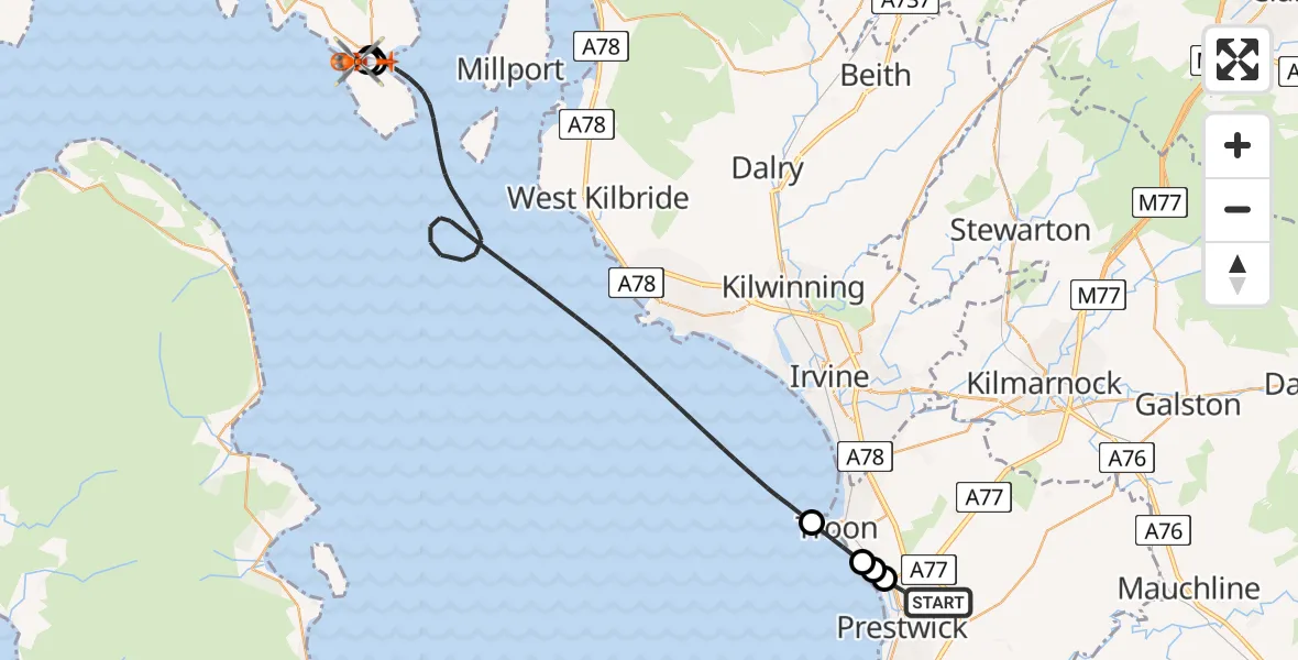 Flight path map showing Coastguard Helicopter route from Glasgow Prestwick Airport to Bute Airfield
