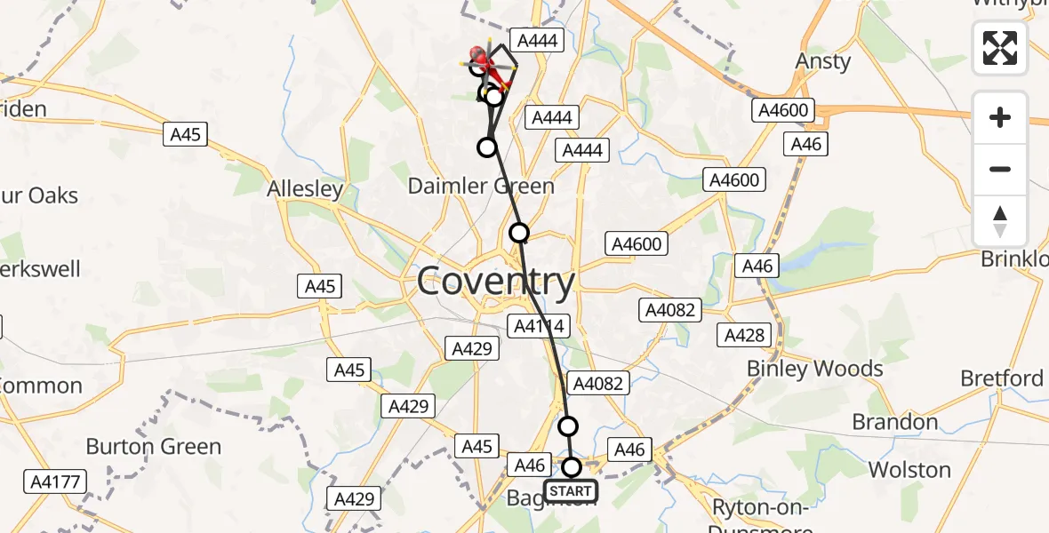 Flight path map showing Air Ambulance Helicopter route from Coventry Airport to Coventry