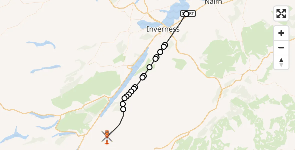 Flight path map showing Coastguard Helicopter route from Inverness Airport to Highland