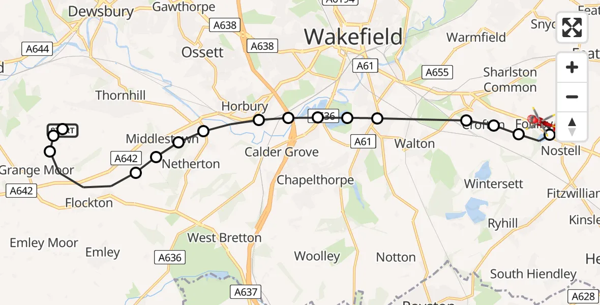 Flight path map showing Air Ambulance Helicopter route from Grange Moor to YAA Nostell Helicopter Port