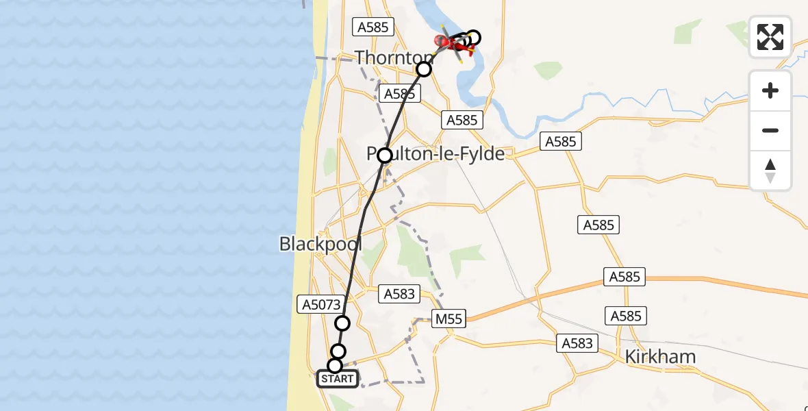 Flight path map showing Air Ambulance Helicopter route from Blackpool Airport to Thornton