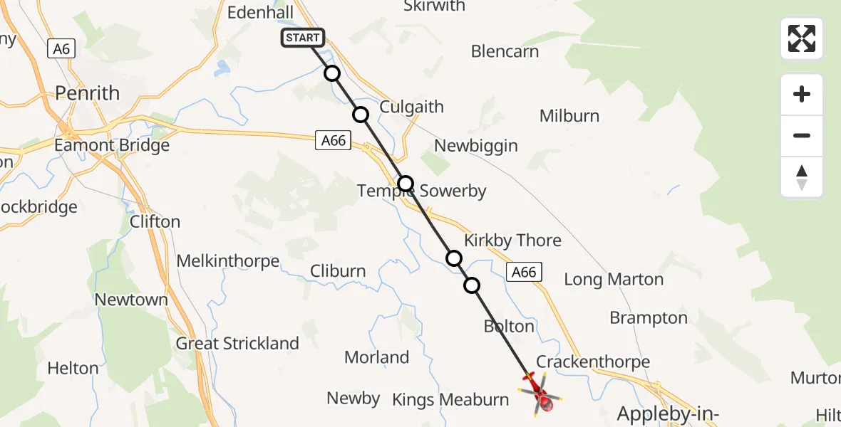 Flight path map showing Air Ambulance Helicopter route from Langwathby to Bolton