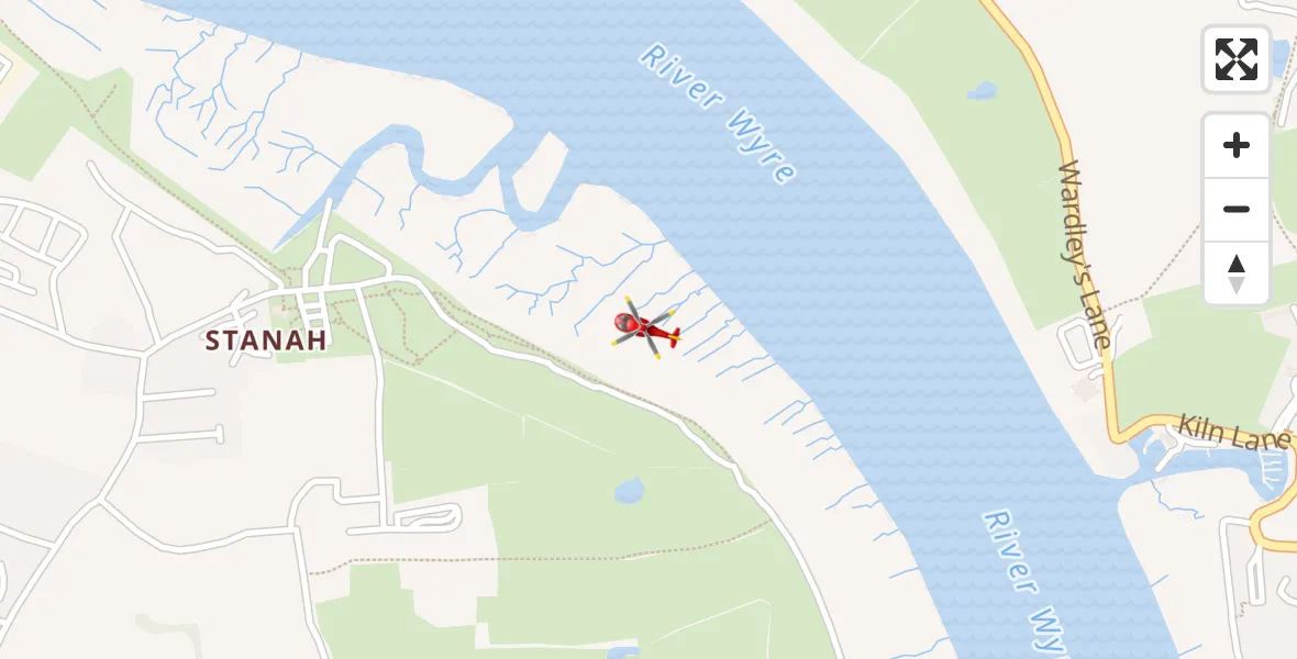 Flight path map showing Air Ambulance Helicopter route from Thornton to Thornton
