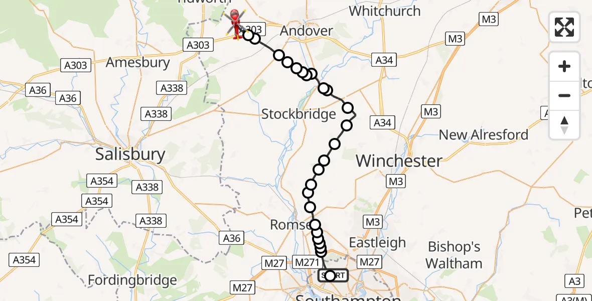 Flight path map showing Air Ambulance Helicopter route from University Hospital Southampton to Thruxton Aerodrome