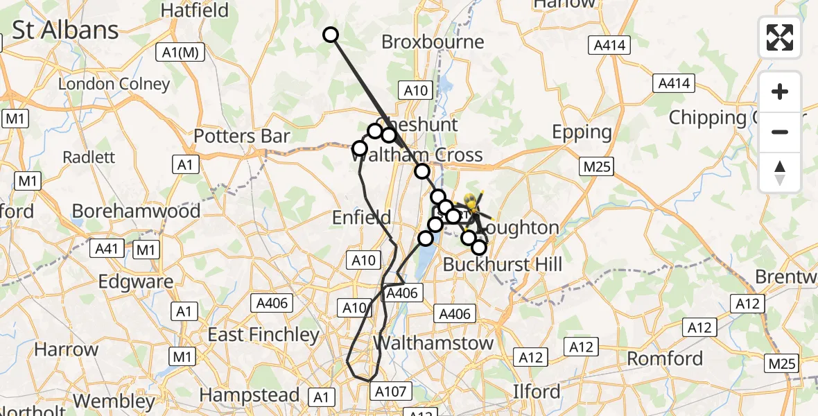 Routekaart van de vlucht: Police Helicopter to Metropolitan Police Air Support Unit Lippitts Hill