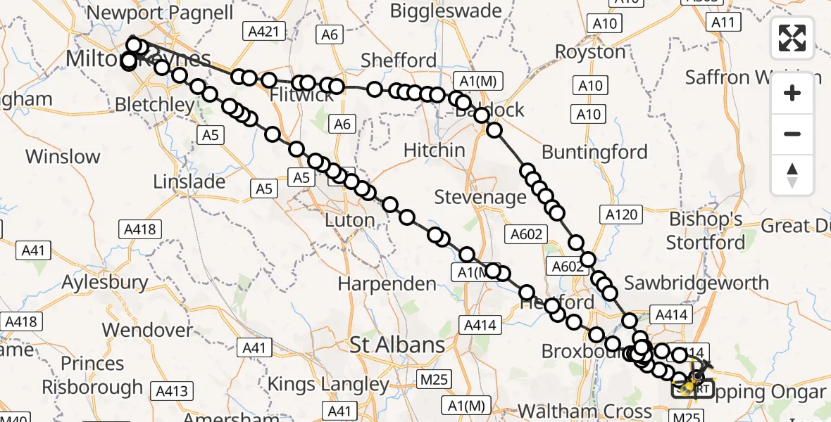 Flight path map showing Police Helicopter route from North Weald Airfield to North Weald Airfield