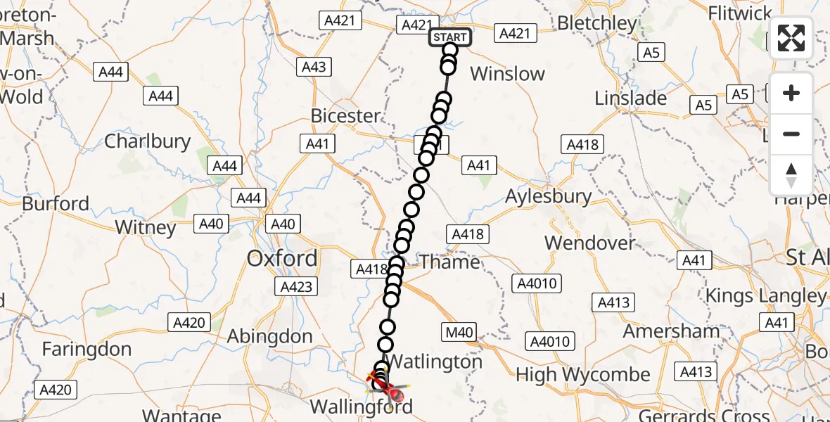 Flight path map showing Air Ambulance Helicopter route from Padbury to RAF Benson
