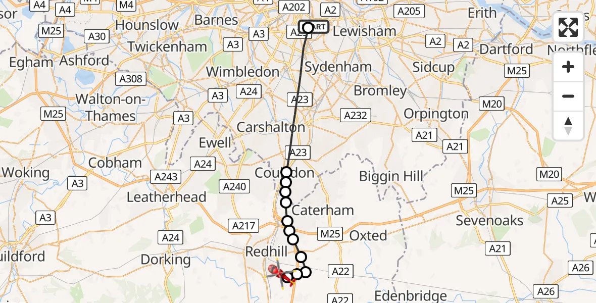 Routekaart van de vlucht: Air Ambulance Helicopter to Redhill Aerodrome