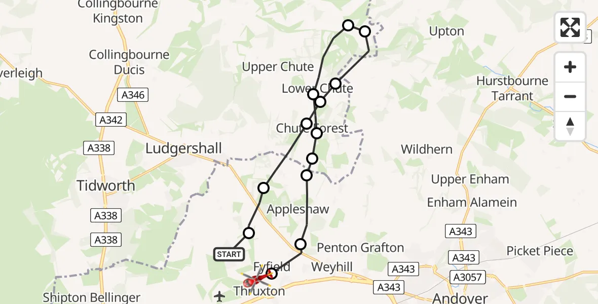 Flight path map showing Air Ambulance Helicopter route from Kimpton to Fyfield