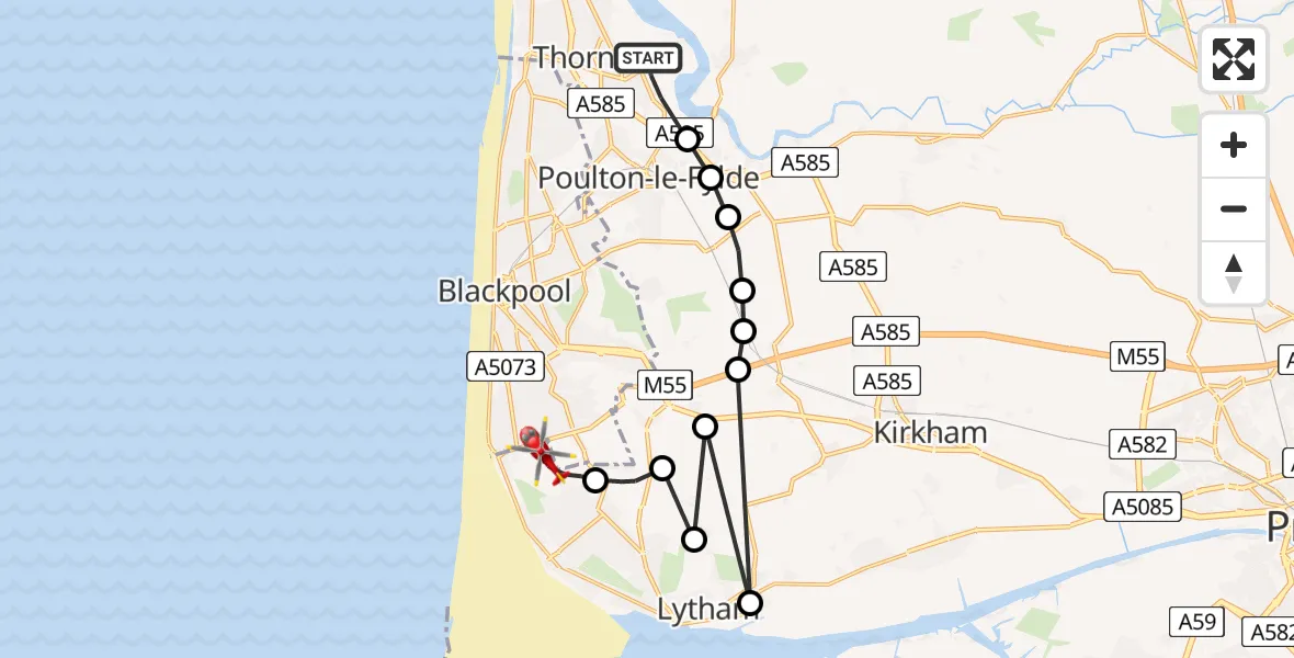 Flight path map showing Air Ambulance Helicopter route from Little Thornton to Fylde