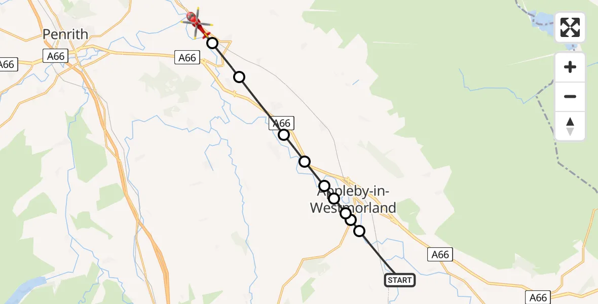 Flight path map showing Air Ambulance Helicopter route from Great Ormside to Culgaith