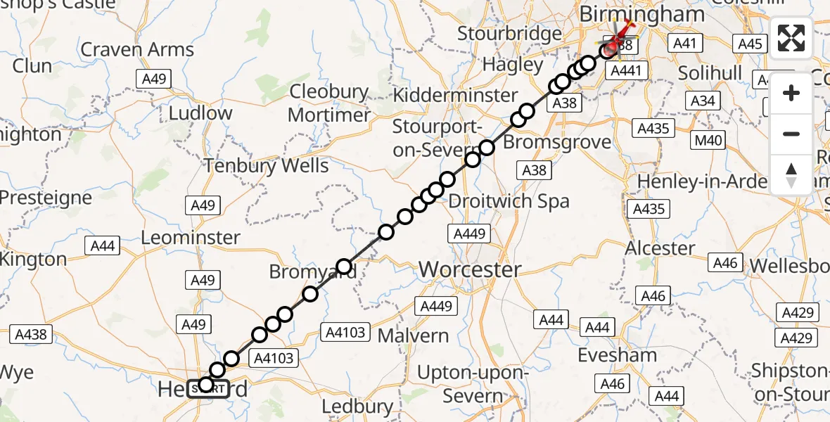 Flight path map showing Air Ambulance Helicopter route from Hereford County Hospital to Queen Elizabeth Hospital Helipad