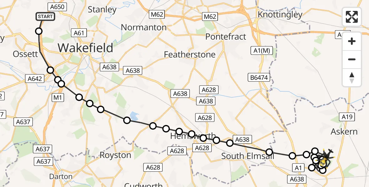Flight path map showing Police Helicopter route from East Ardsley to Sutton