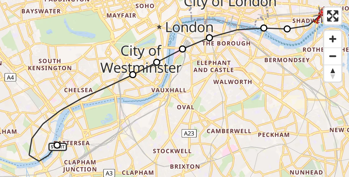 Flight path map showing Air Ambulance Helicopter route from London Heliport to Greater London