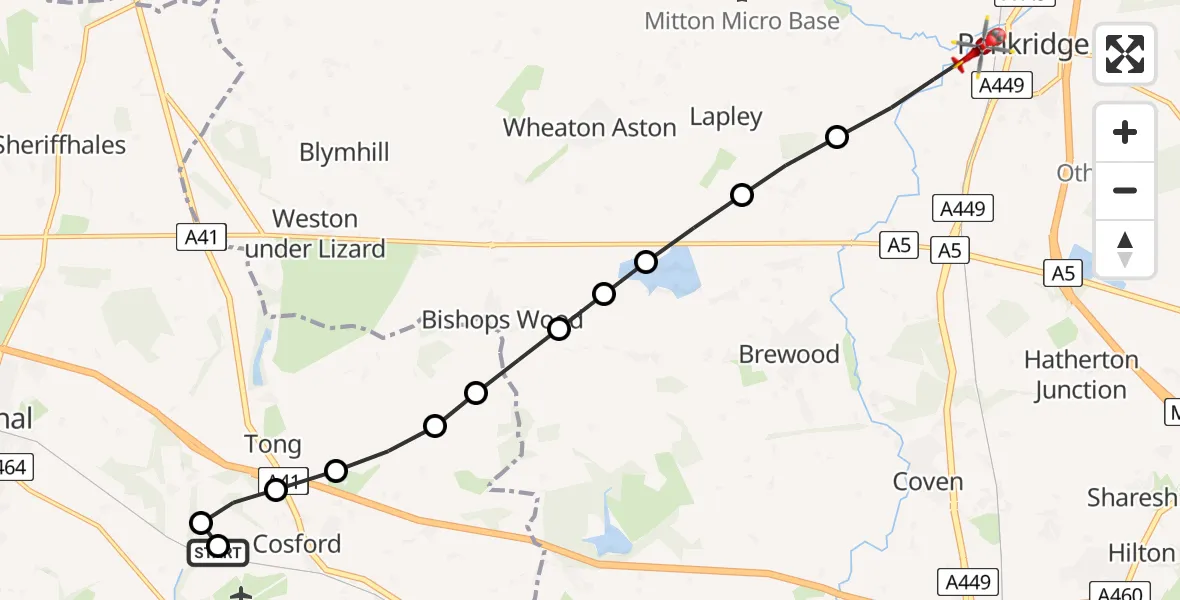 Flight path map showing Air Ambulance Helicopter route from RAF Cosford to Penkridge