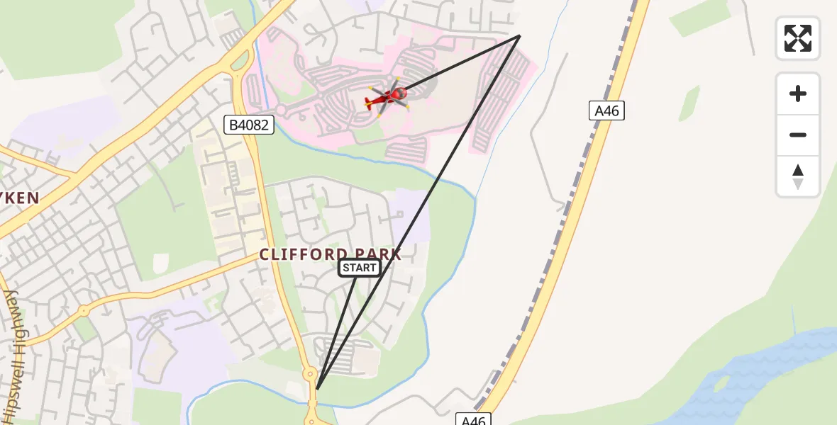 Flight path map showing Air Ambulance Helicopter route from Coventry to University Hospital Coventry