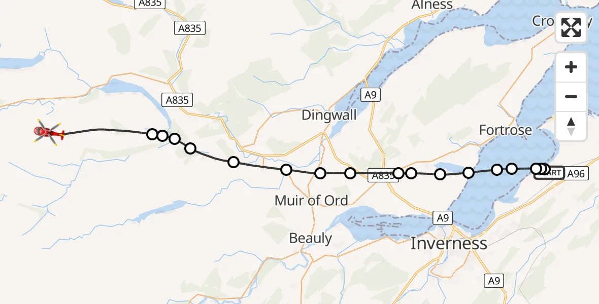 Flight path map showing Air Ambulance Helicopter route from Inverness Airport to Highland
