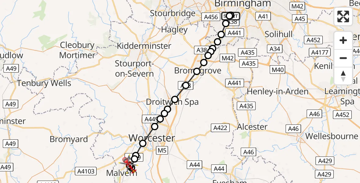 Flight path map showing Air Ambulance Helicopter route from Queen Elizabeth Hospital Helipad to Malvern