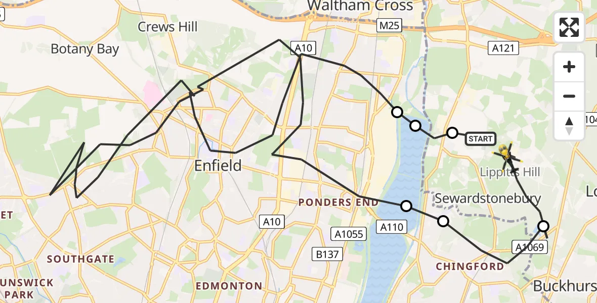 Flight path map showing Police Helicopter route from Sewardstonebury to Metropolitan Police Air Support Unit Lippitts Hill