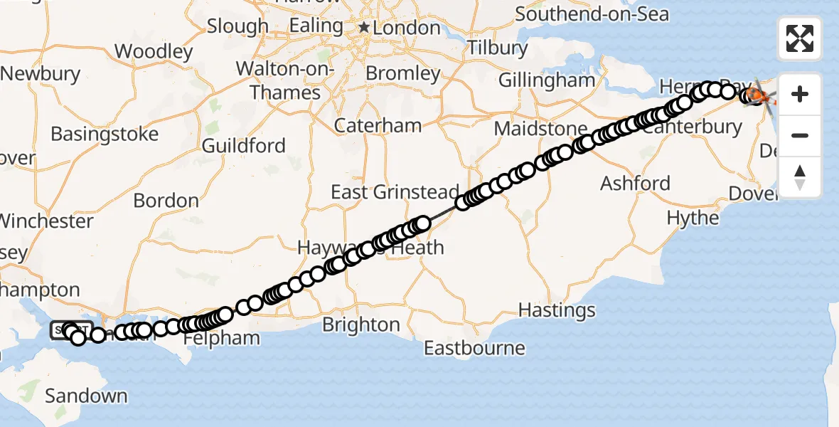 Flight path map showing Coastguard Helicopter route from Solent Airport to Manston Airport