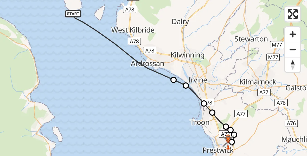 Flight path map showing Coastguard Helicopter route from Inner Seas to Glasgow Prestwick Airport