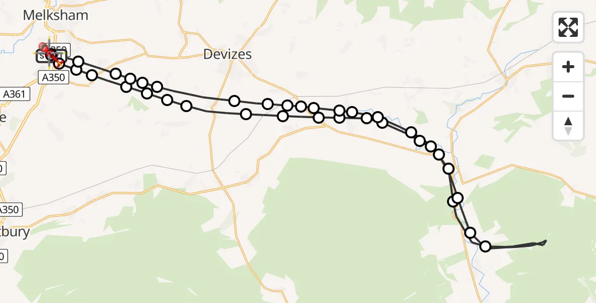 Flight path map showing Air Ambulance Helicopter route from Wiltshire Air Ambulance to Wiltshire Air Ambulance
