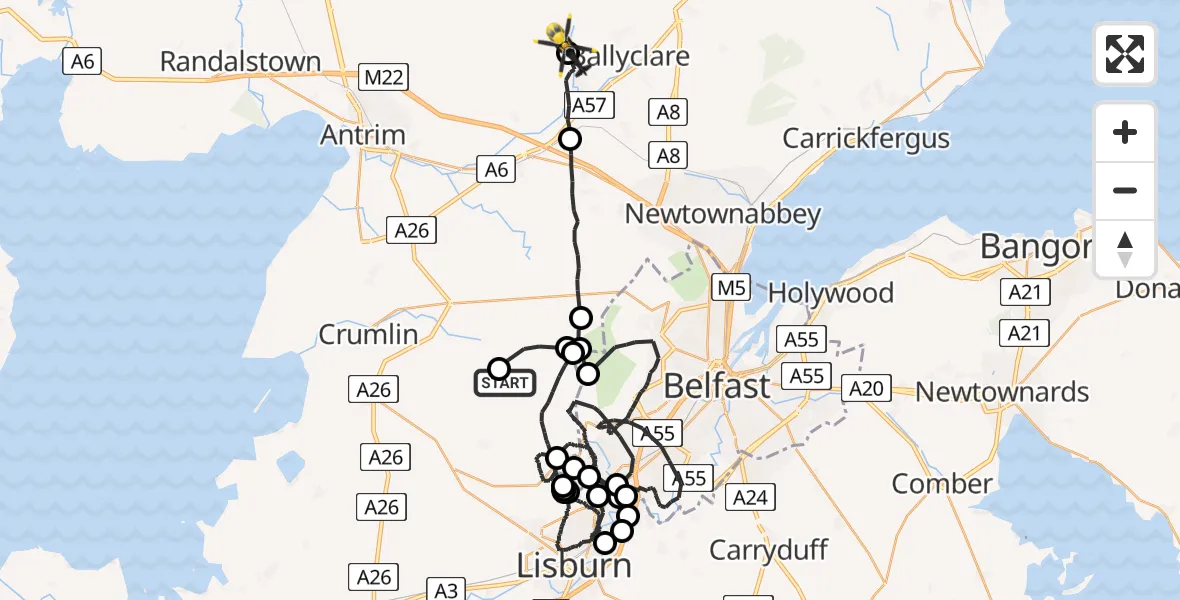 Routekaart van de vlucht: Police Helicopter to Burnside, Cogry Road