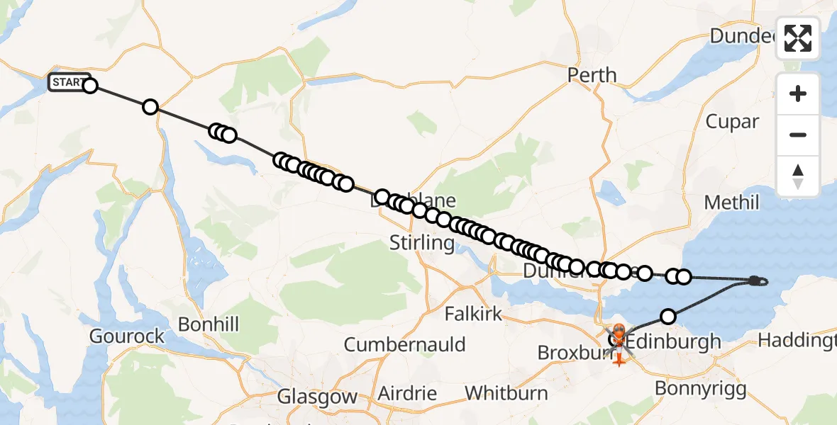 Flight path map showing Coastguard Helicopter route from Dalmally to Edinburgh Airport