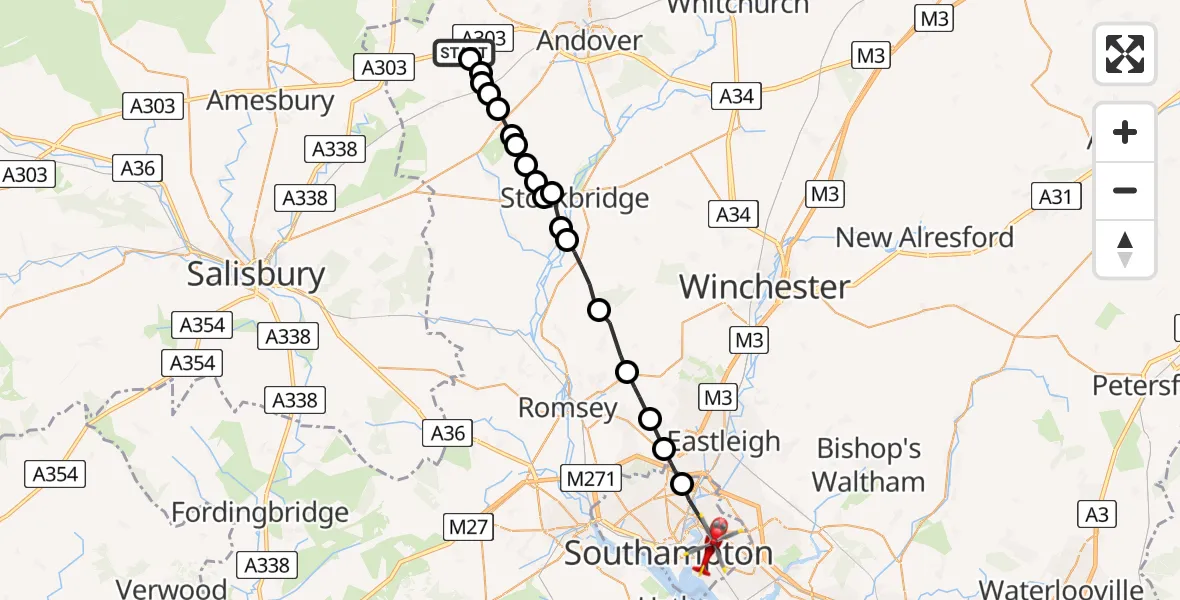 Flight path map showing Air Ambulance Helicopter route from Thruxton Aerodrome to Southampton