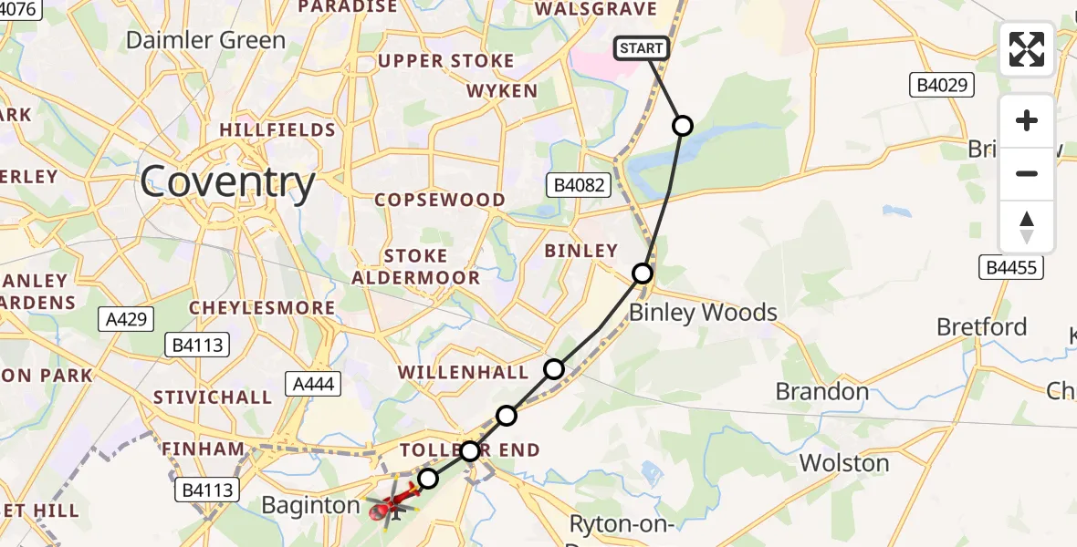 Flight path map showing Air Ambulance Helicopter route from University Hospital Coventry to Coventry Airport