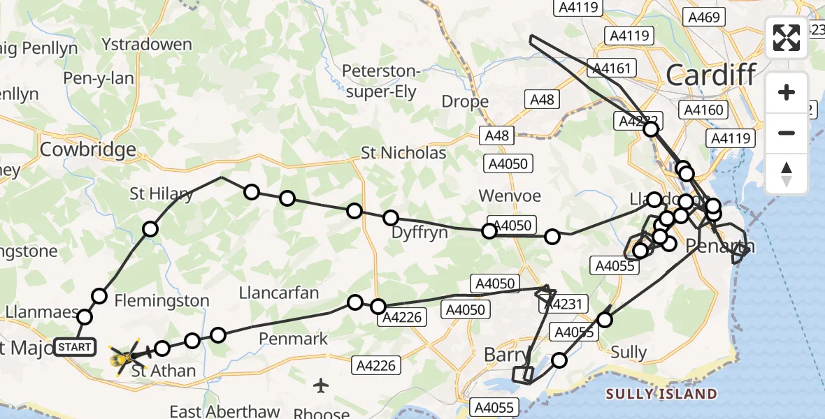 Flight path map showing Police Helicopter route from MOD St Athan to MOD St Athan