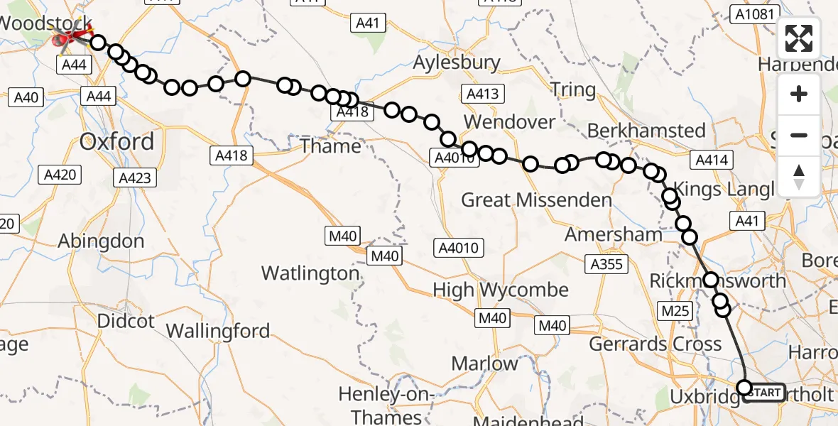 Flight path map showing Air Ambulance Helicopter route from RAF Northolt to London Oxford Airport