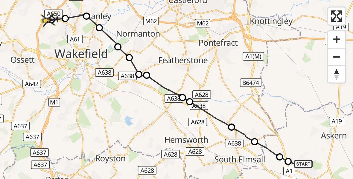 Flight path map showing Police Helicopter route from Burghwallis to East Ardsley