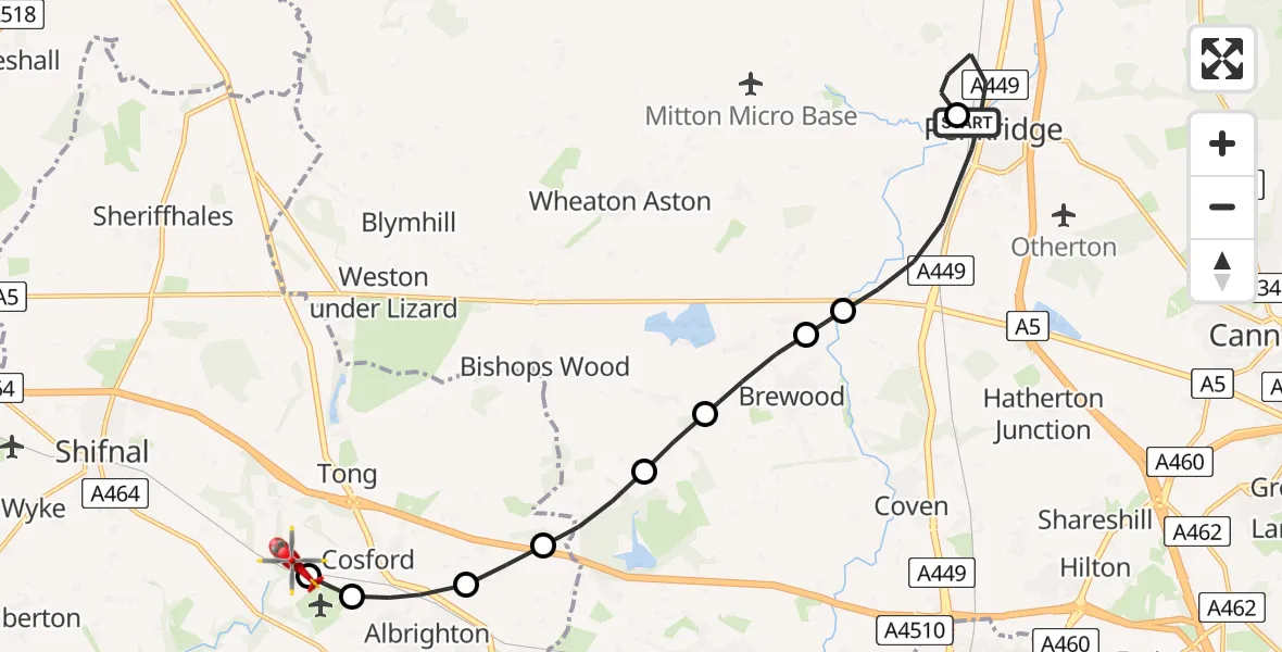 Flight path map showing Air Ambulance Helicopter route from Penkridge to Cosford