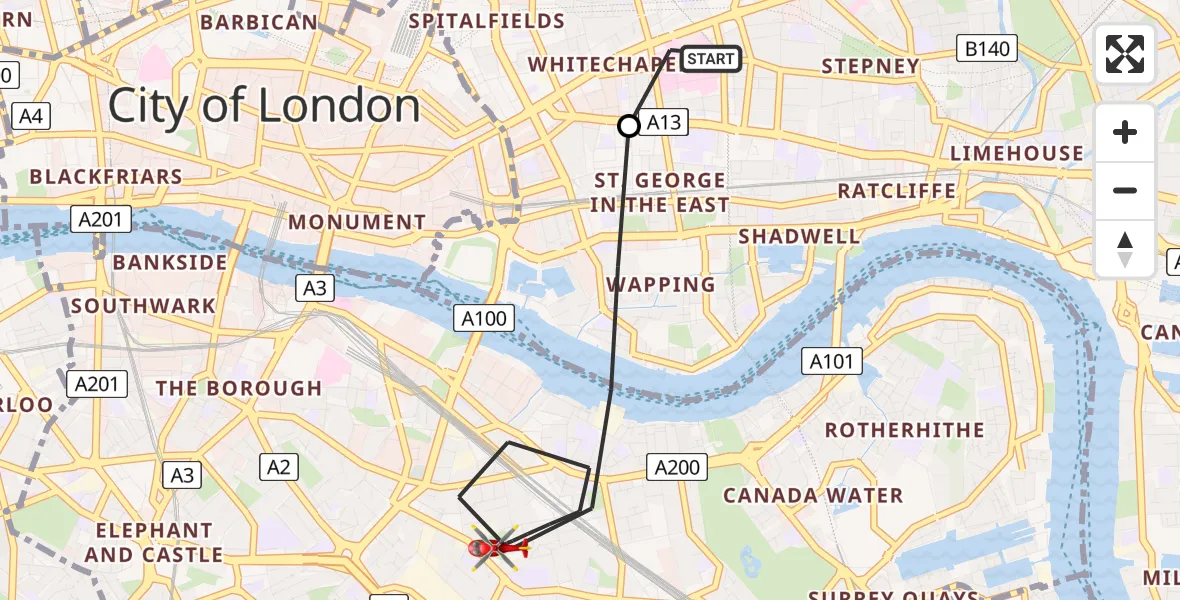 Flight path map showing Air Ambulance Helicopter route from Royal London Hospital to Greater London