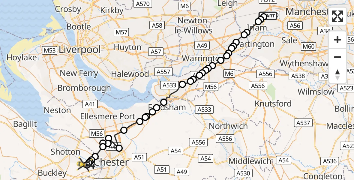 Flight path map showing Police Helicopter route from Manchester Barton Aerodrome to Hawarden Airport